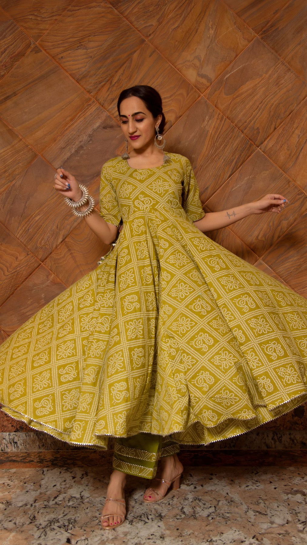 Pomcha Jaipur Bandhej Mehndhi Green Cotton Anarkali Set - Distacart