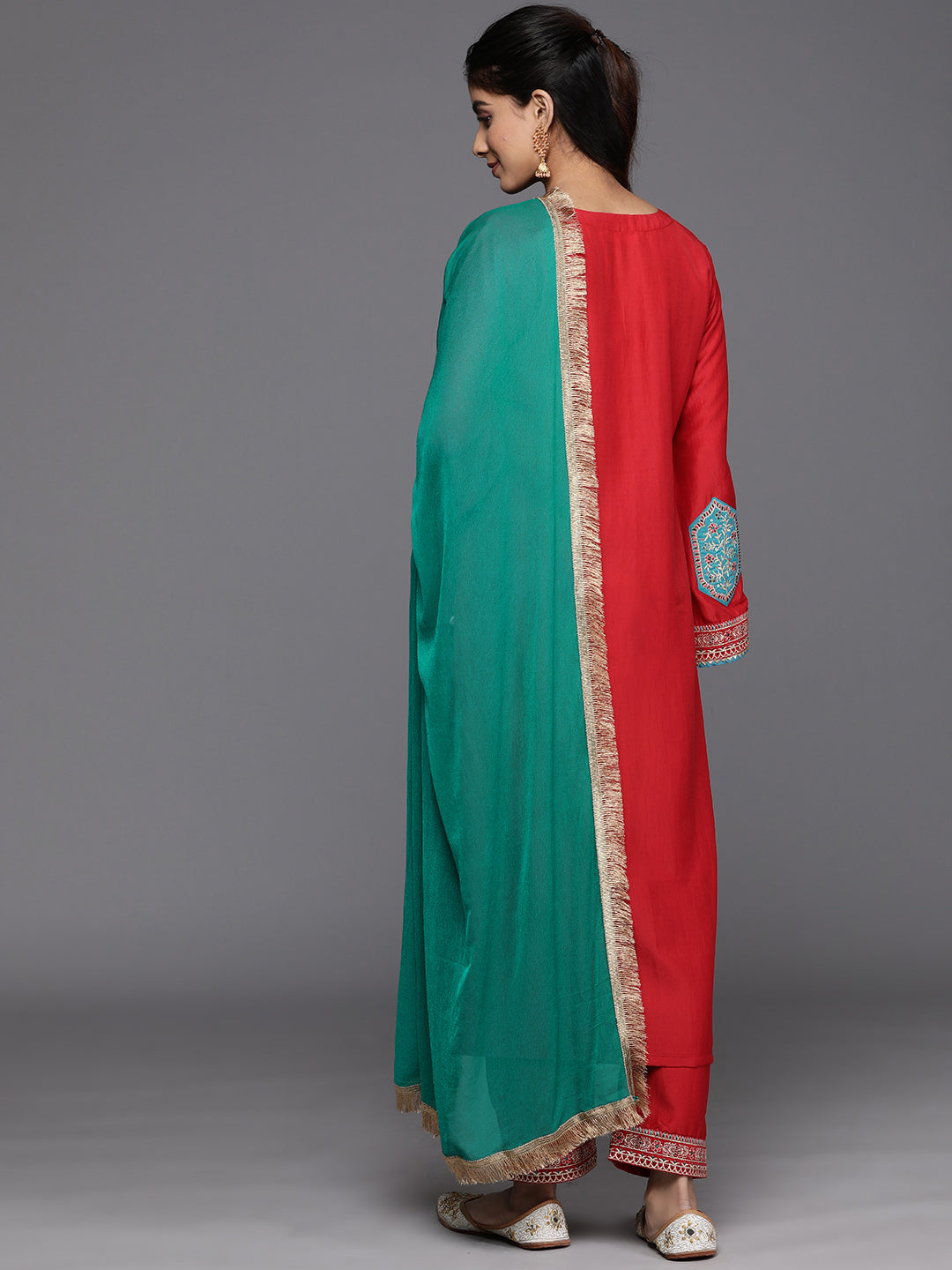 Varanga Women Red Embroidered Straight Kurta Paired With Tonal Bottom And Contrast Dupatta With Four Sided Fringes - Distacart