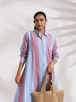 Thumbnail for trueBrowns Blue Cotton Stripe Flared Shirt Dress