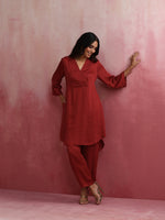 Thumbnail for trueBrowns Maroon Modal V Neck Kurta Co-ord Set