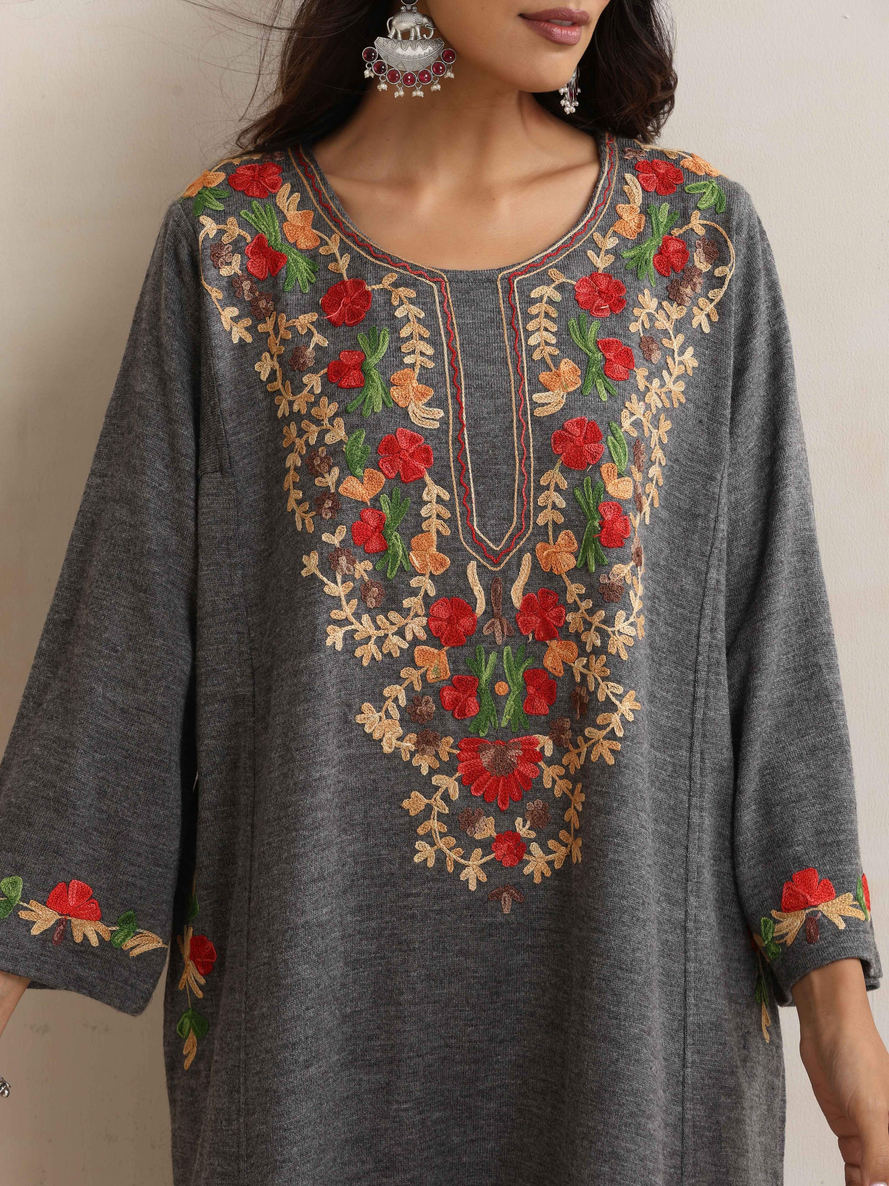 trueBrowns Grey Kashmiri Embroidered Woollen Phiran Kurta - Distacart