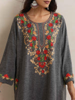 Thumbnail for trueBrowns Grey Kashmiri Embroidered Woollen Phiran Kurta - Distacart