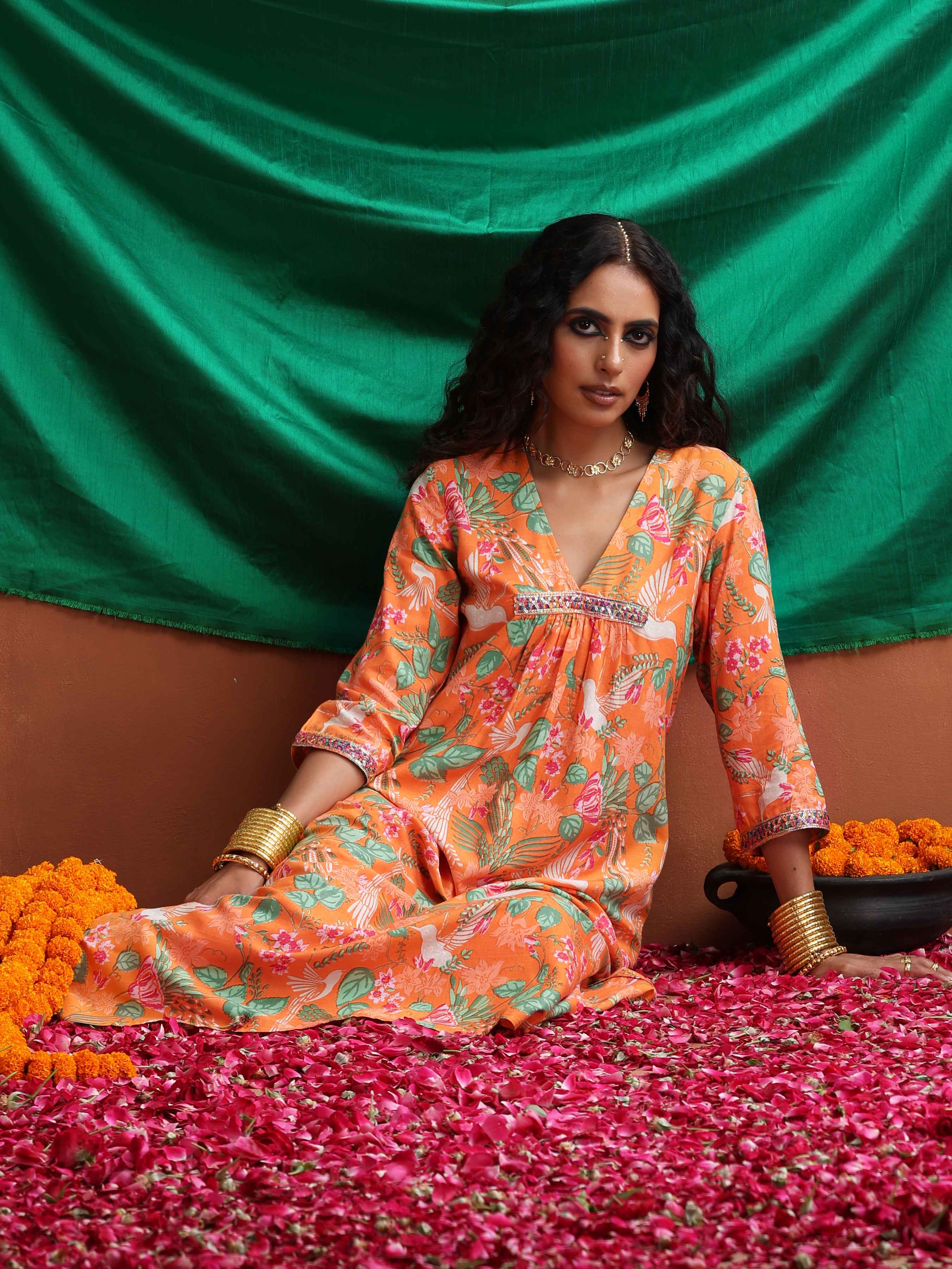 trueBrowns Orange Floral Print A-line Kurta Set - Distacart