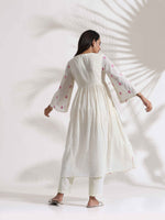 Thumbnail for trueBrowns Off-White Cotton Floral Embroidered Flared Kurta Set