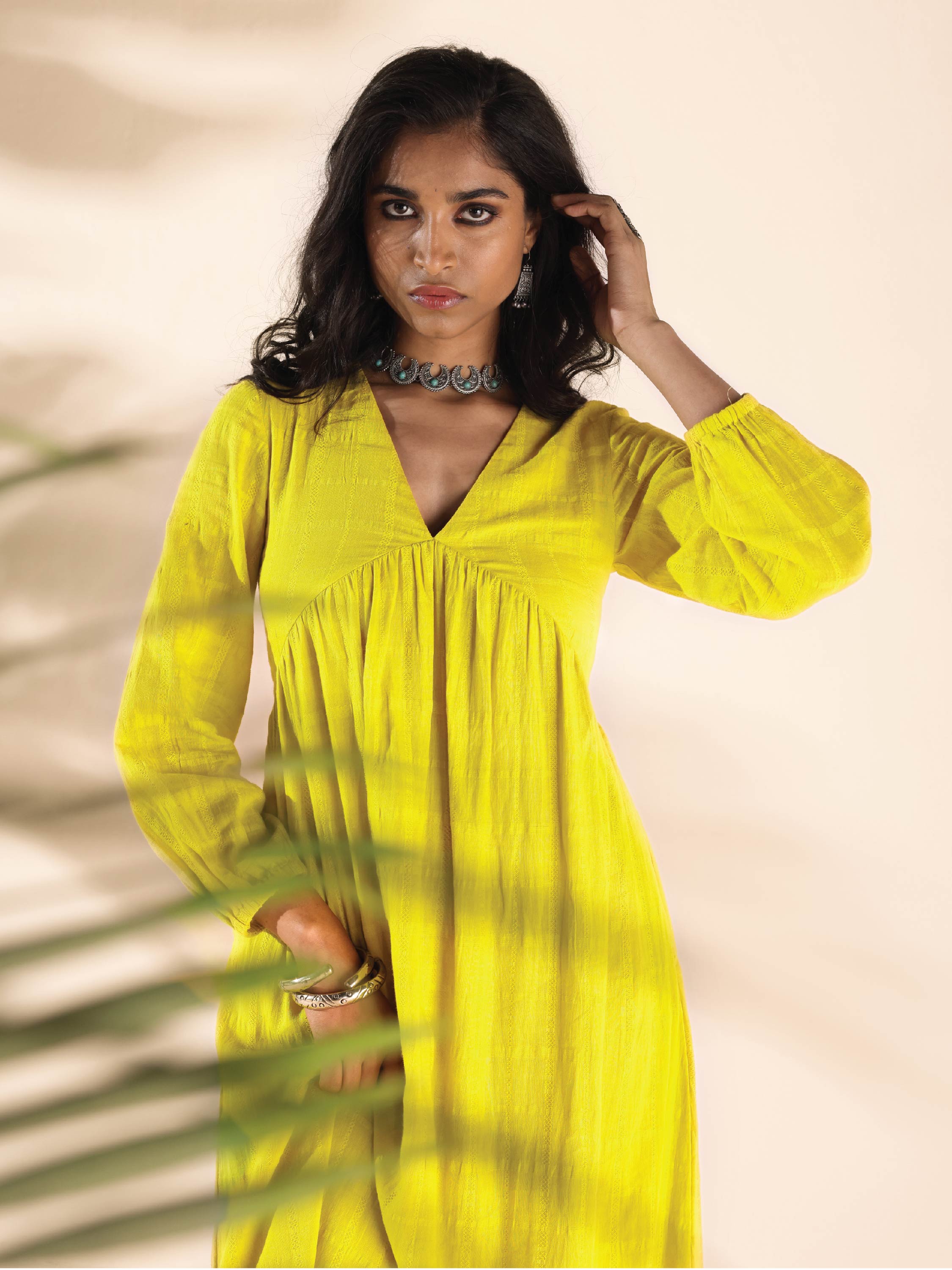 trueBrowns Lime Cotton Dobby Flared Dress - Distacart
