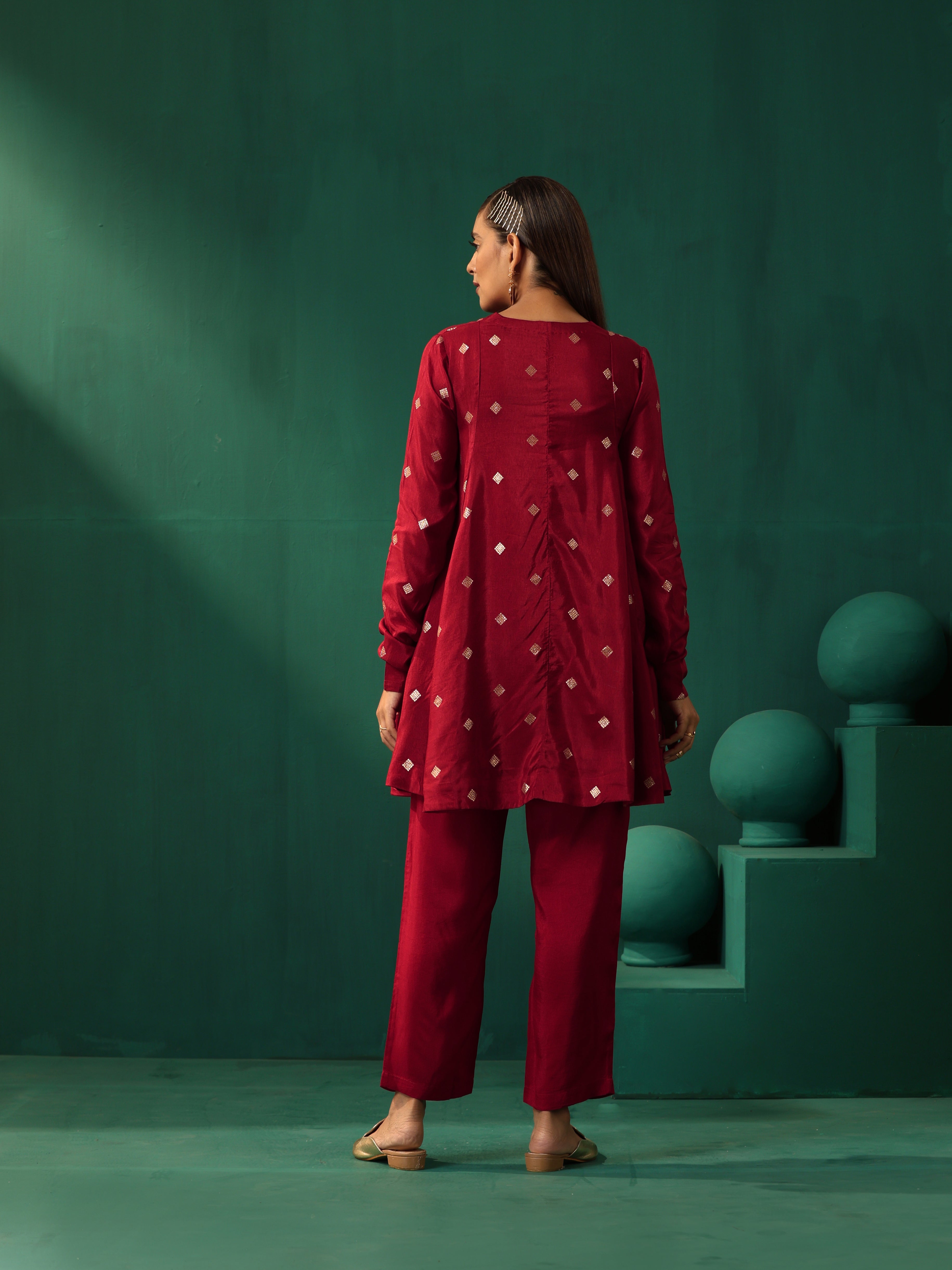 trueBrowns Maroon Diamond Viscose Silk Relaxed Co-ord Set - Distacart