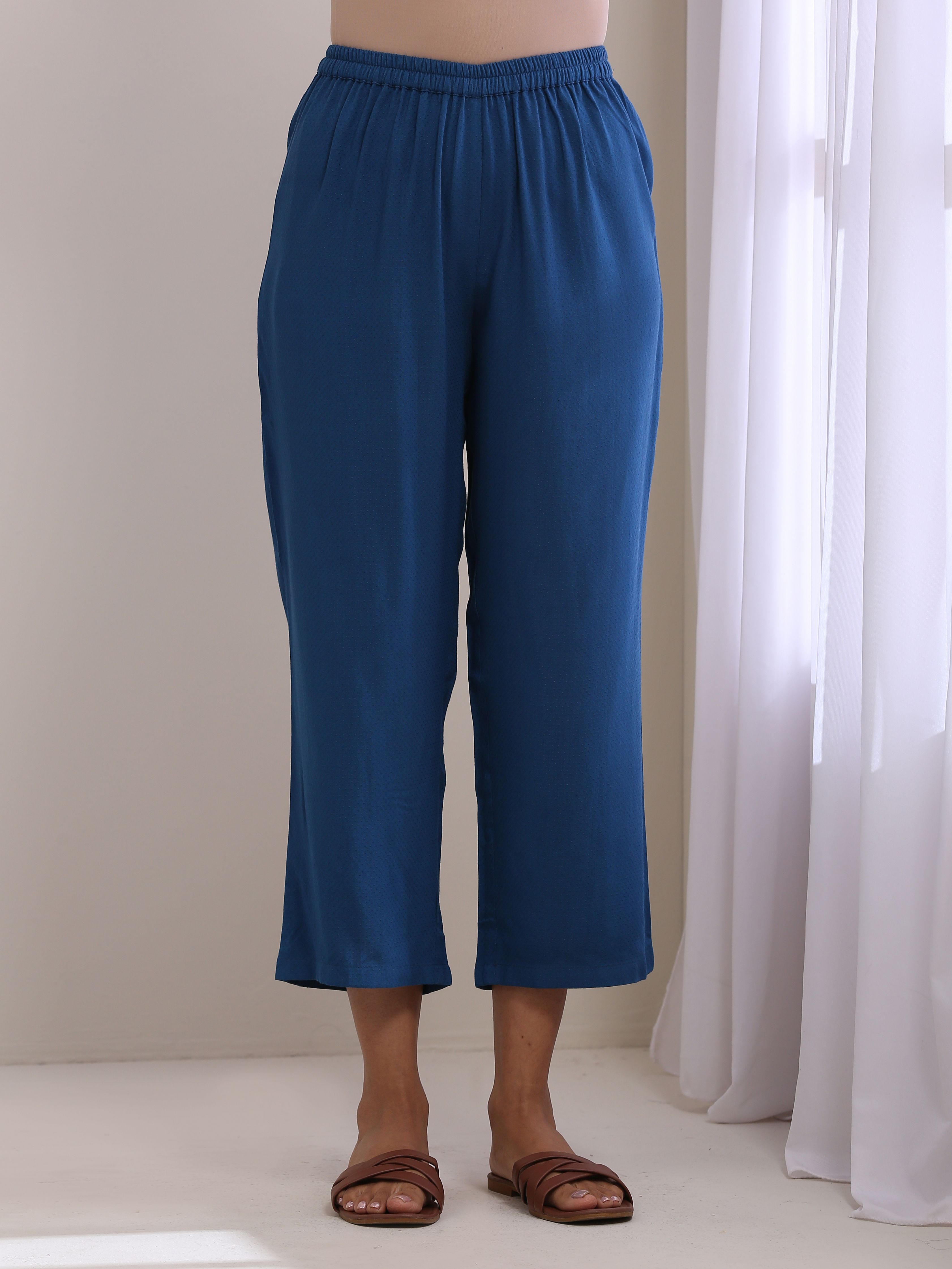 trueBrowns Classic Blue Dobby Pleated Co-Ord Set - Distacart