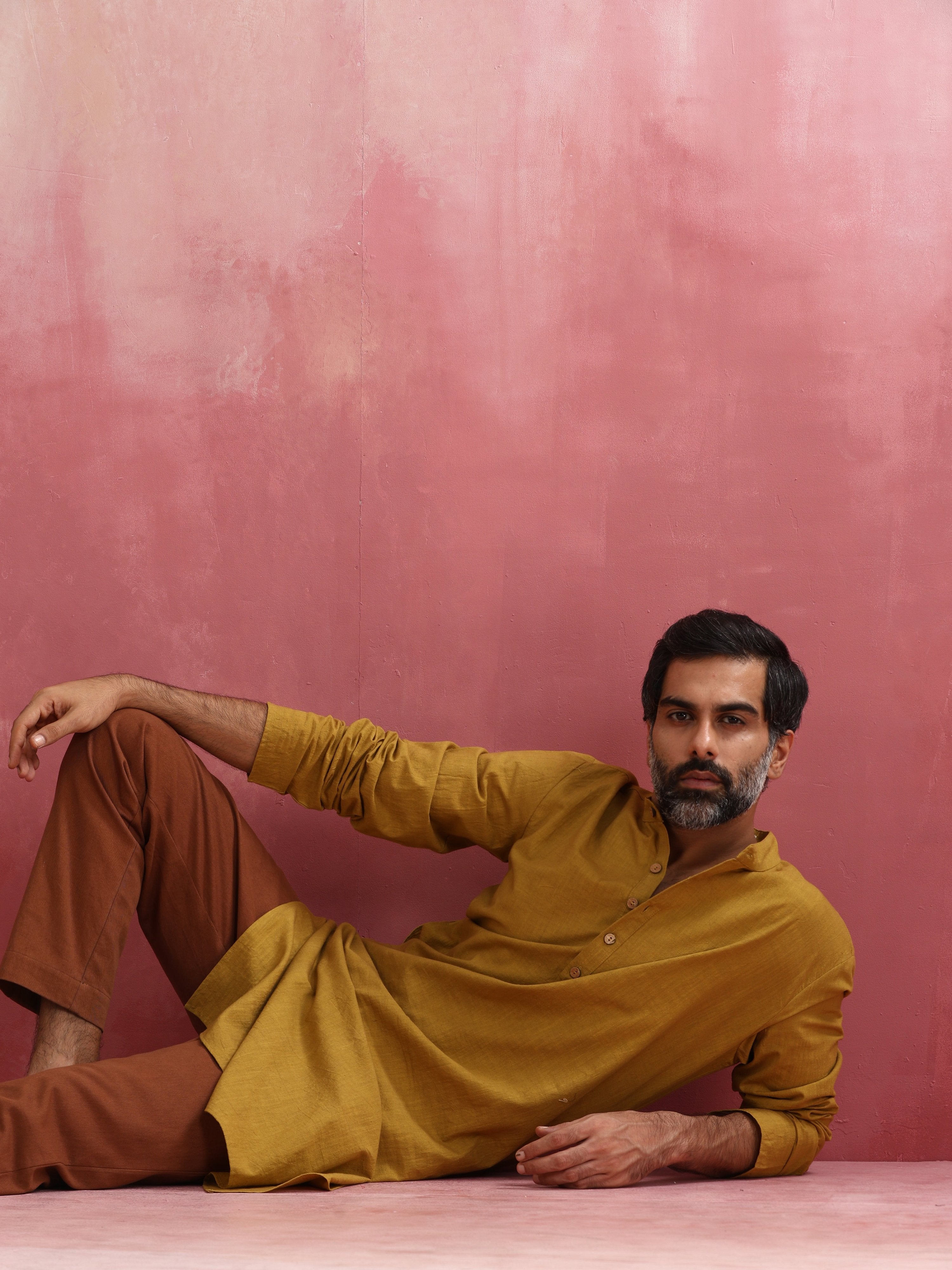 trueBrowns Men's Mustard Mandarin Collar Kurta - Distacart