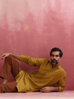 Thumbnail for trueBrowns Men's Mustard Mandarin Collar Kurta - Distacart
