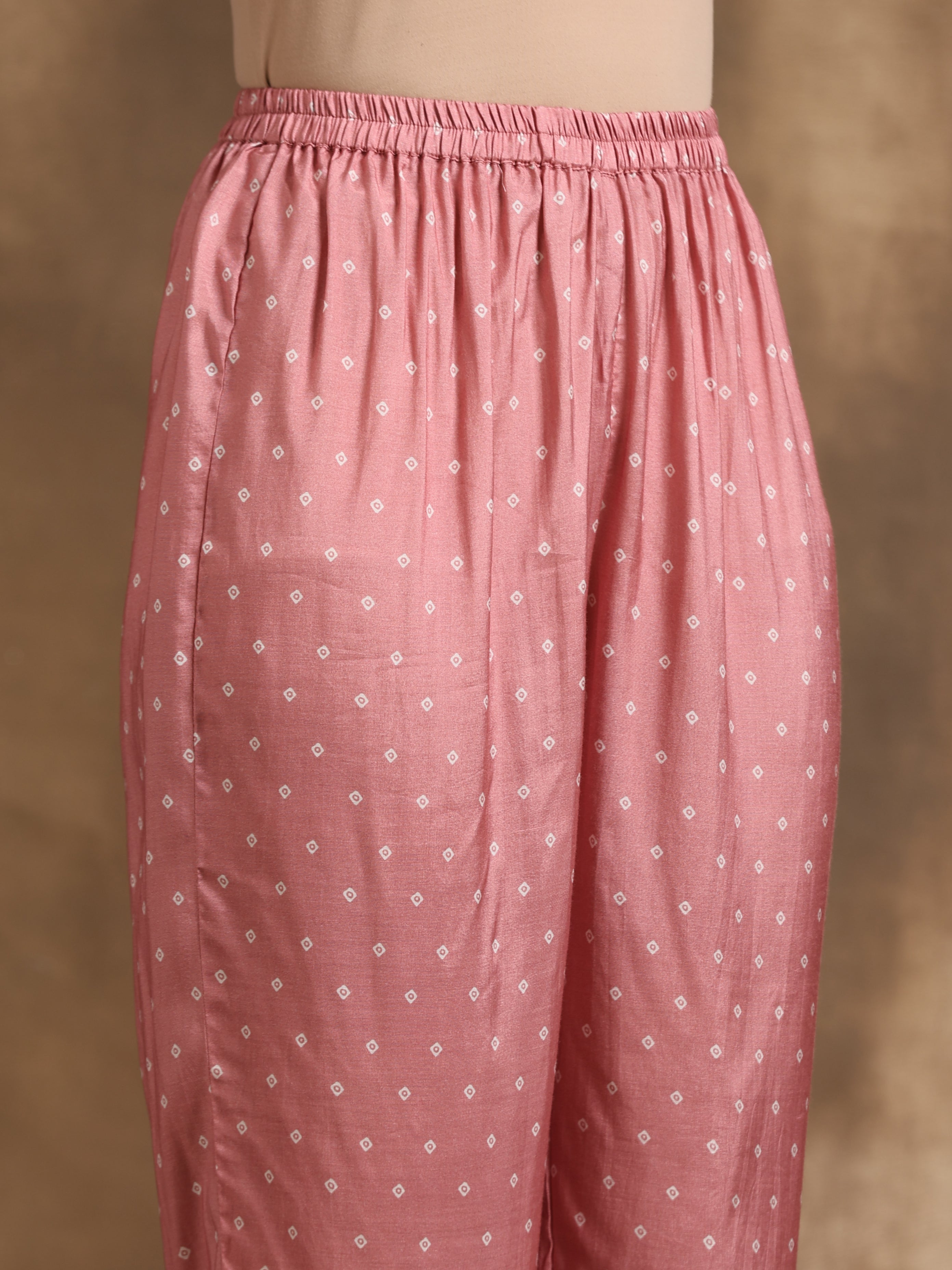 trueBrowns Light Mauve Bandhani Printed Silk Angrakha Kurta Pant Set - Distacart