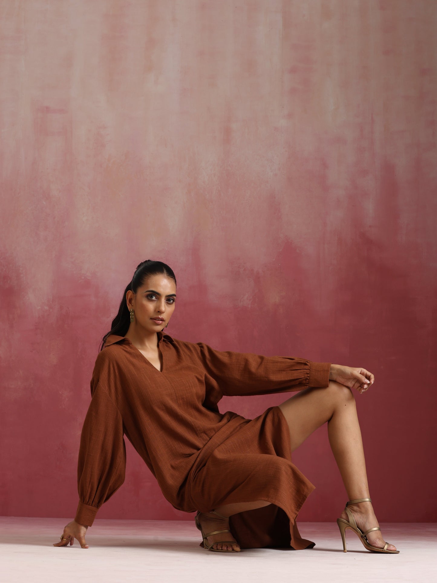trueBrowns Brown Cotton Dobby Dress - Distacart