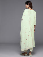 Thumbnail for Varanga Women Green Thread And Sequins Embroidered Kurta With Tonal Bottom And Dupatta - Distacart