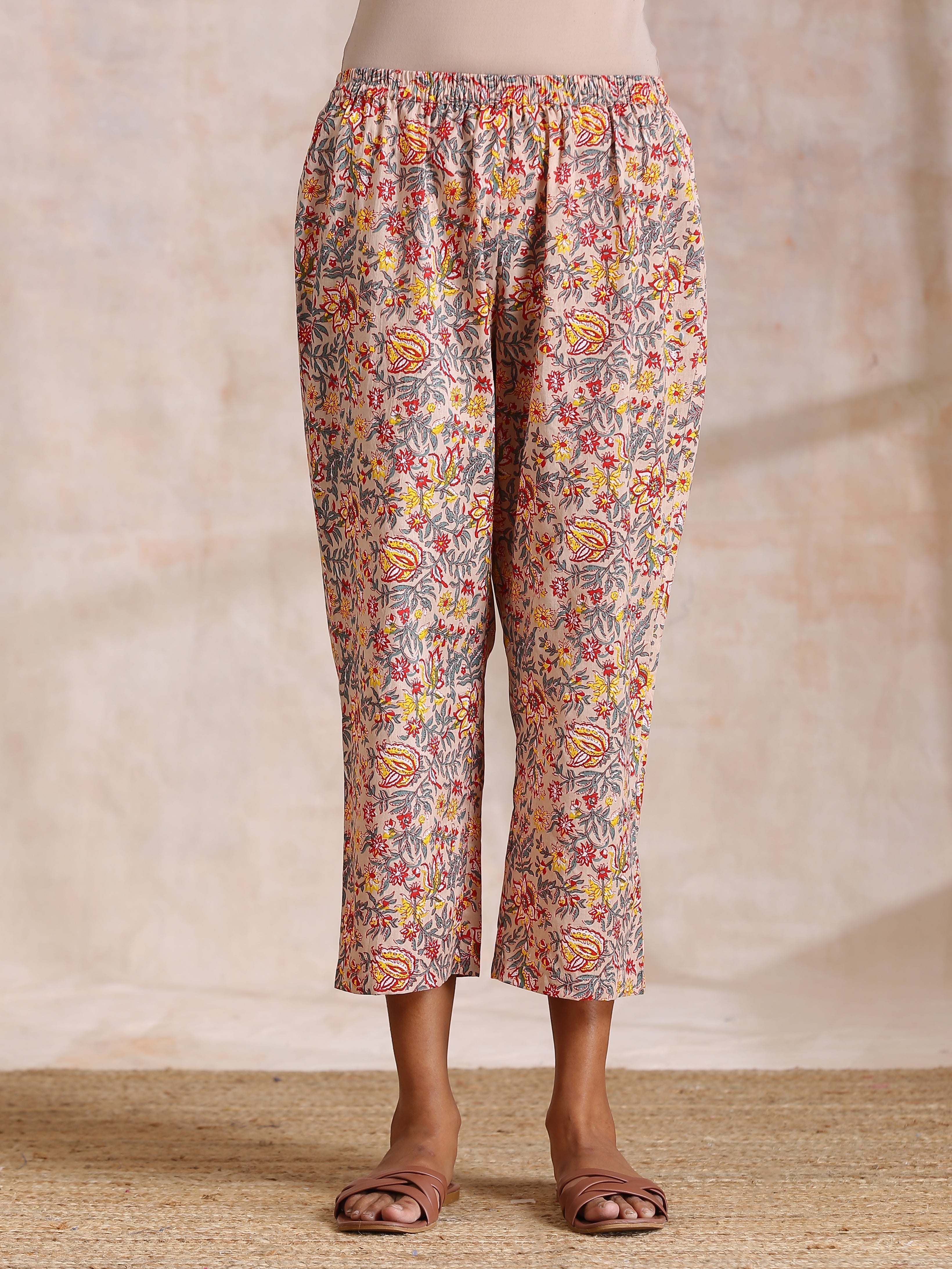 trueBrowns Multicolor Beige Overall Floral Block Print Cotton Kaftan Co-Ord Set - Distacart