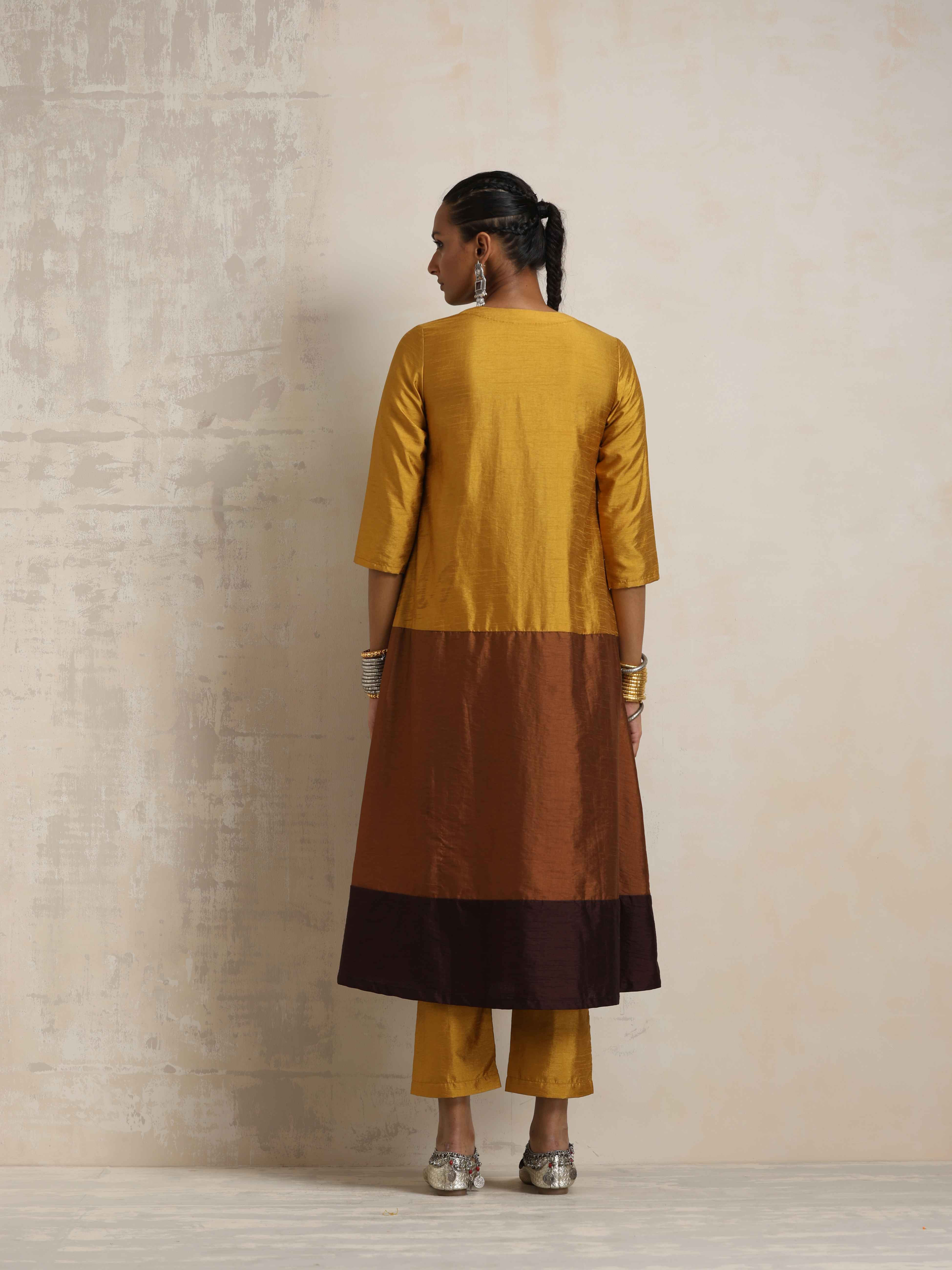 trueBrowns Gold Brown Silk A-line Kurta Set - Distacart