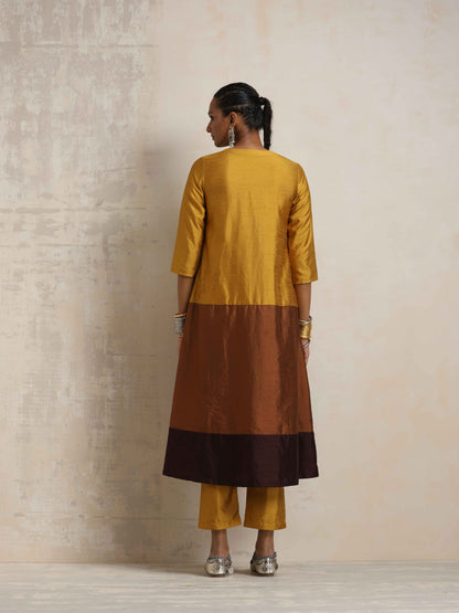 trueBrowns Gold Brown Silk A-line Kurta Set - Distacart