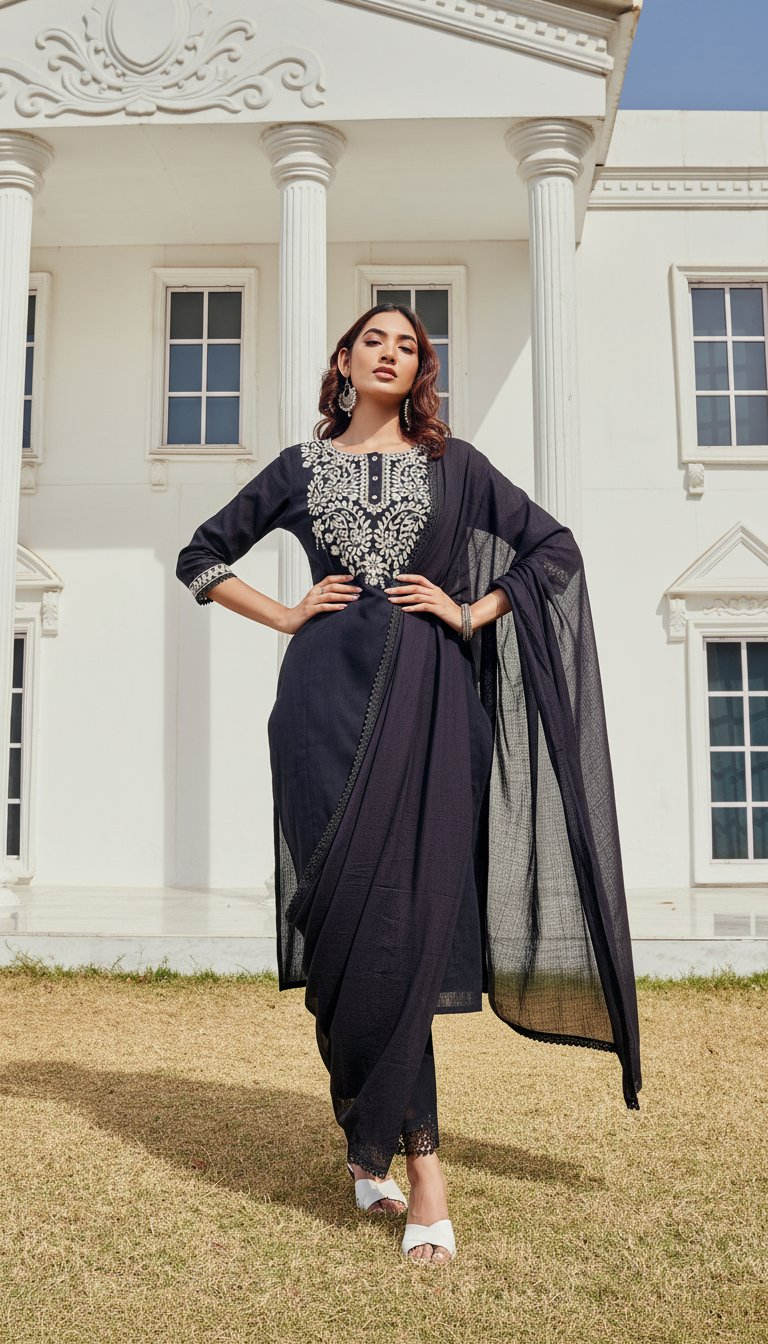 BulBul Samantha Cotton Black Kurta Set with Dupatta