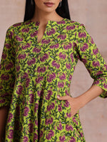 Thumbnail for trueBrowns Lime Green Overall Pink Floral Block Print Cotton Flared Kurta Pant Set - Distacart