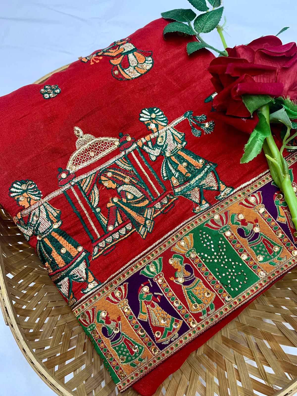 Lorenvalley Fashion Premium Red Vichitra Silk Embroidery and Diamond work Both Side Saree - Distacart