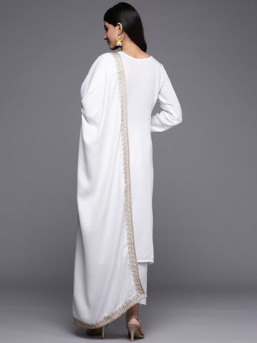 Ahalyaa Women White Ethnic Motifs Embroidered Aari Work Pashmina Kurta with Salwar & With Dupatta - Distacart