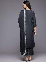 Thumbnail for Varanga Women Grey Silk Thread And Zari Embroidered , Sequins Embellished Kurta Paired With Bottom And Dupatta