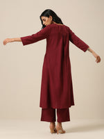 Thumbnail for trueBrowns Ruby Wine Slub Texture Back Pleat Kurta Pant Set - Distacart