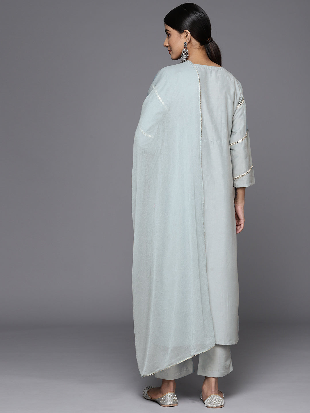 Varanga Women Blue Mirror Work Yoke Embroidered Straight Kurta Paired With Tonal Bottom And Tonal Solid Dupatta With Four Side Fringes - Distacart