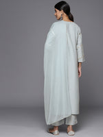 Thumbnail for Varanga Women Blue Mirror Work Yoke Embroidered Straight Kurta Paired With Tonal Bottom And Tonal Solid Dupatta With Four Side Fringes - Distacart
