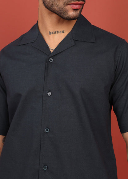 Fabmade Midnight Black Cuban Collar Co-Ord Set - Distacart