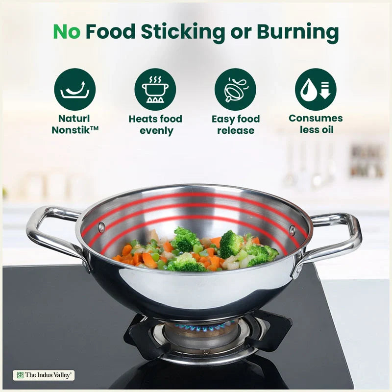 The Indus Valley TurboCuk Tri-ply Stainless Steel Cookware Set: 24cm Kadai with Lid + 22cm Fry Pan + 16cm Sauce pan, Premium Quality, 3 Layer Thick Body, 100% Toxin-free, Non-stick, Induction & Gas