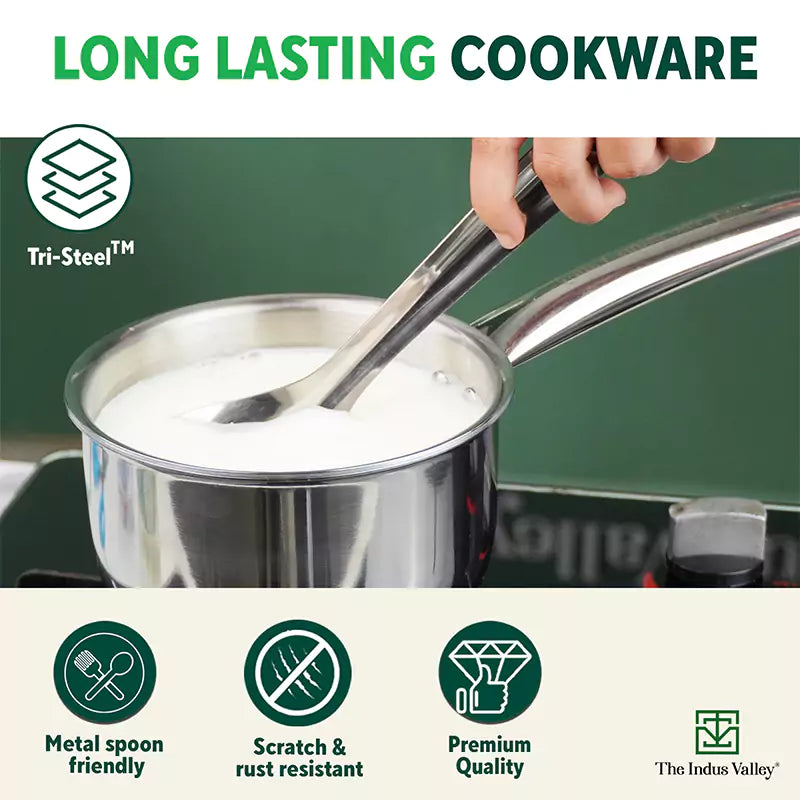 The Indus Valley TurboCuk Tri-ply Stainless Steel Cookware Set: 2.2L Kadai+ 1.4L Frypan+  1.2L Tea/Milk pan, Premium Quality, 3 Layer Thick Body, 100% Toxin-free, Non-stick, Induction & Gas