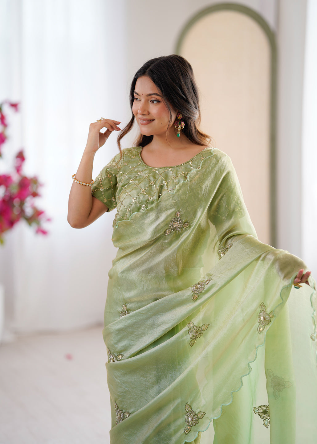 Evanik Designer Heavy Fendy Satin With Beads Embroidered Work Saree With Unstitched Blouse