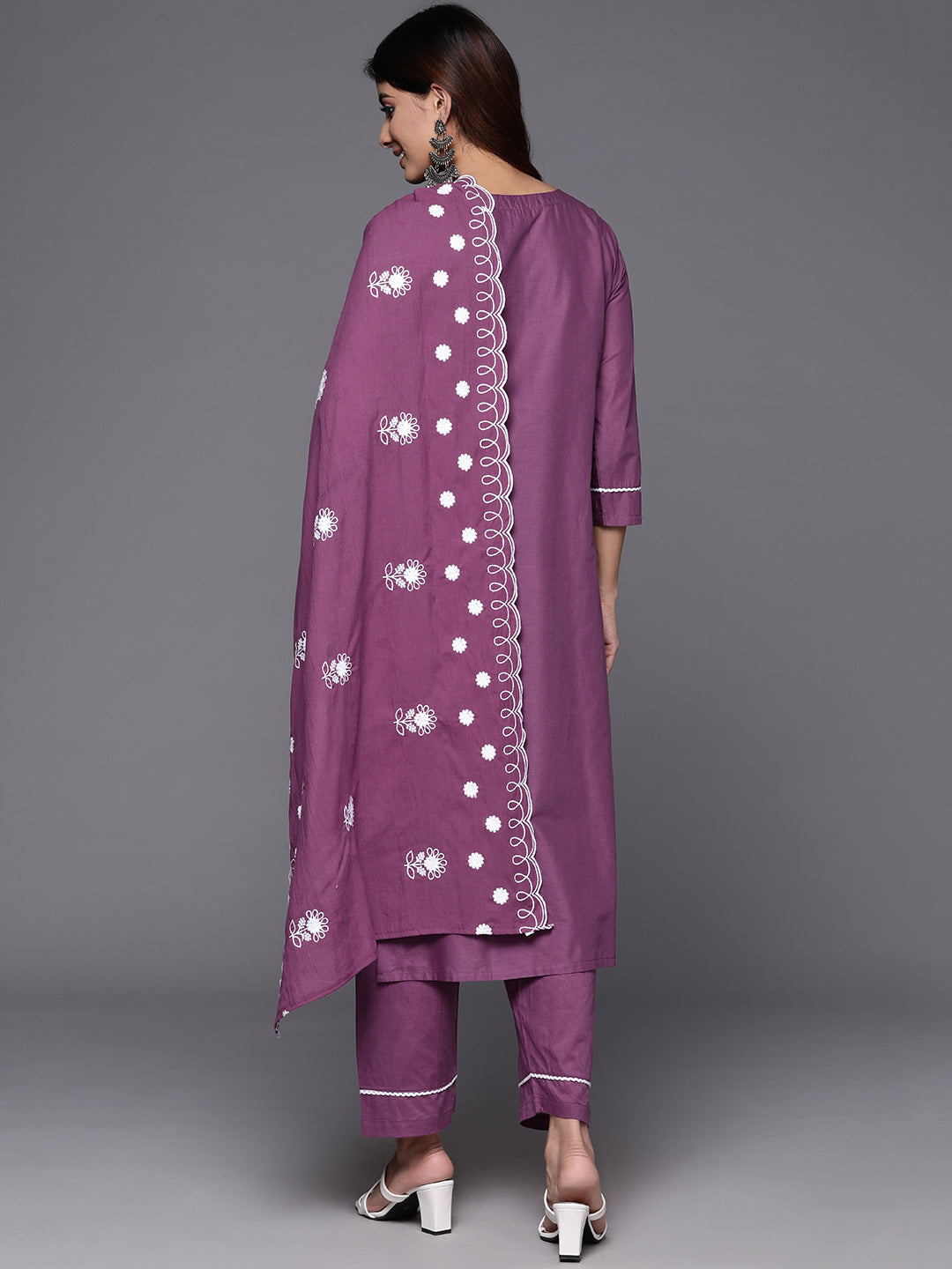Varanga Women Purple Thread Embroidered Kurta With Tonal Bottom And Dupatta - Distacart
