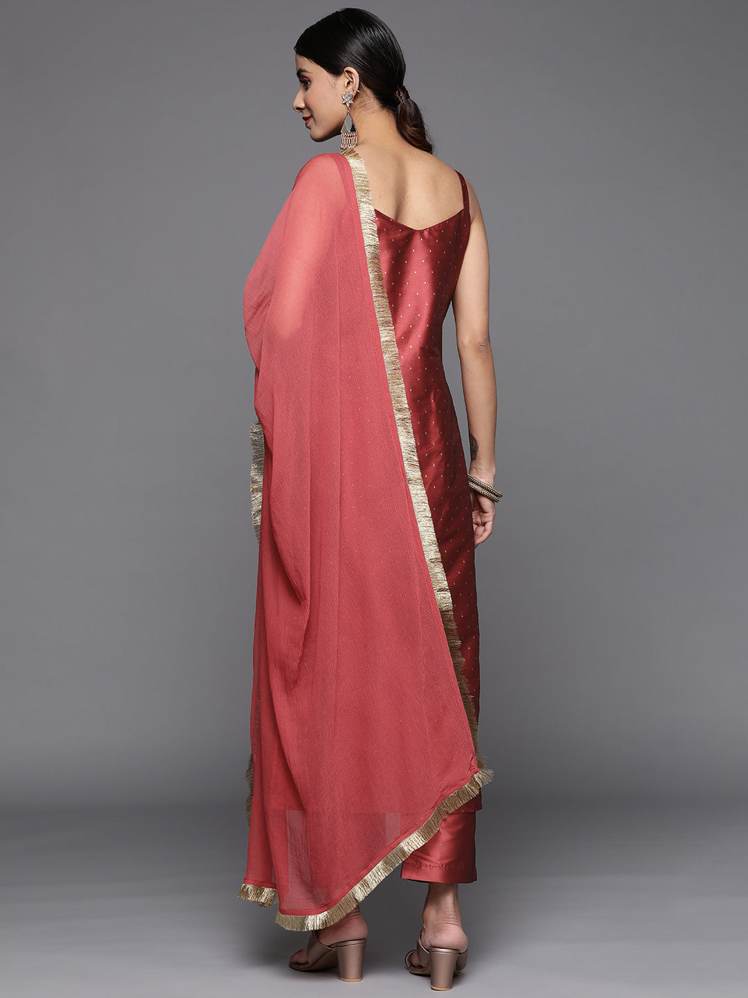 Varanga Women Burgundy Strap Kurta With Tonal Bottom And Tonal Dupatta - Distacart