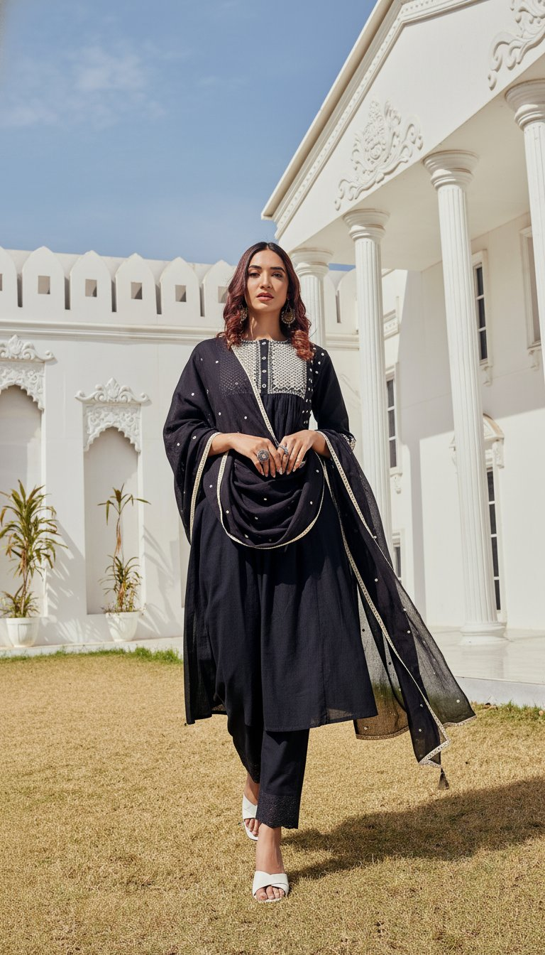 BulBul Abhilasha Cotton Black Kurta Set with Dupatta