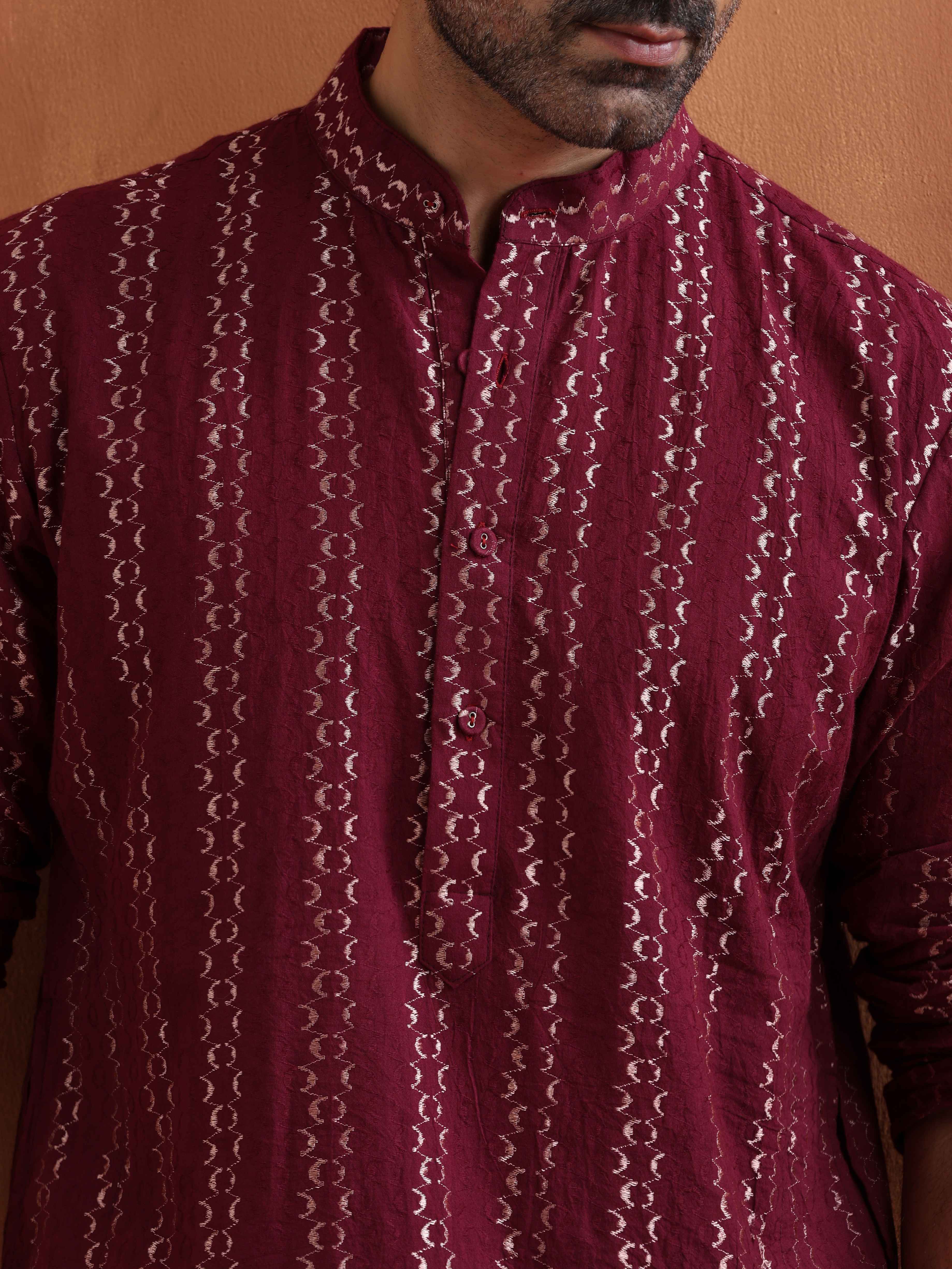 trueBrowns Men's Dark Purple Cotton Dobby Kurta