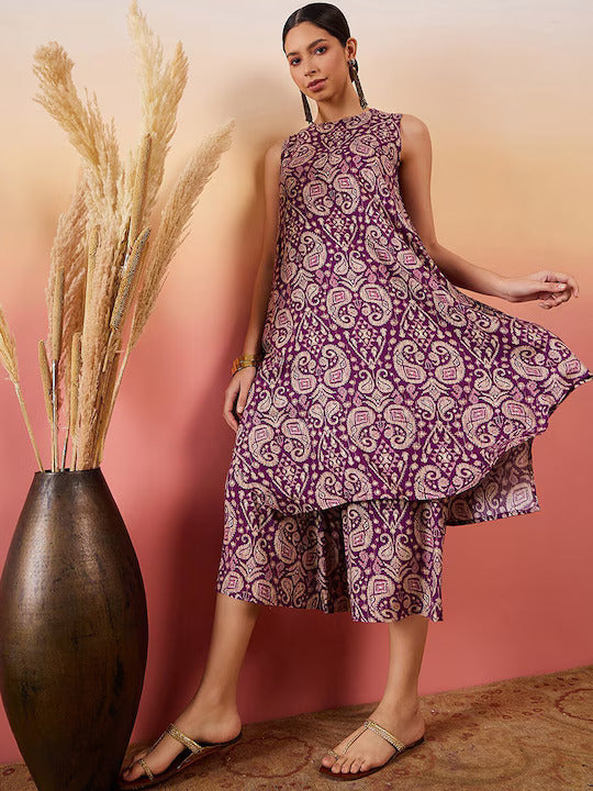 InWeave Dusty Mauve Paisley Round Neck Kurta Short Palazzo Set
