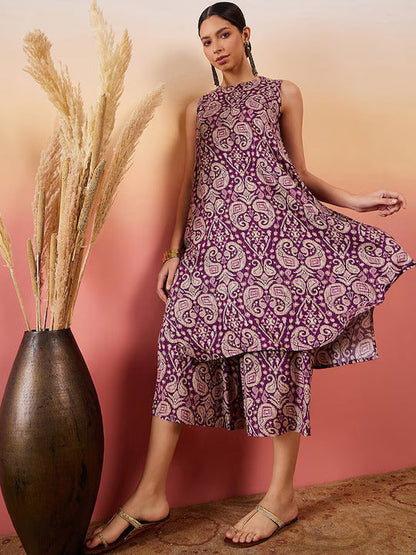 InWeave Dusty Mauve Paisley Round Neck Kurta Short Palazzo Set - Distacart