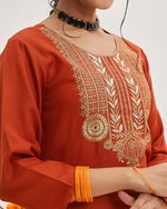 Thumbnail for Varanga Women Rust Yoke Embroidered Straight Kurta Paired With Tonal Bottom And Contrast Printed Dupatta - Distacart
