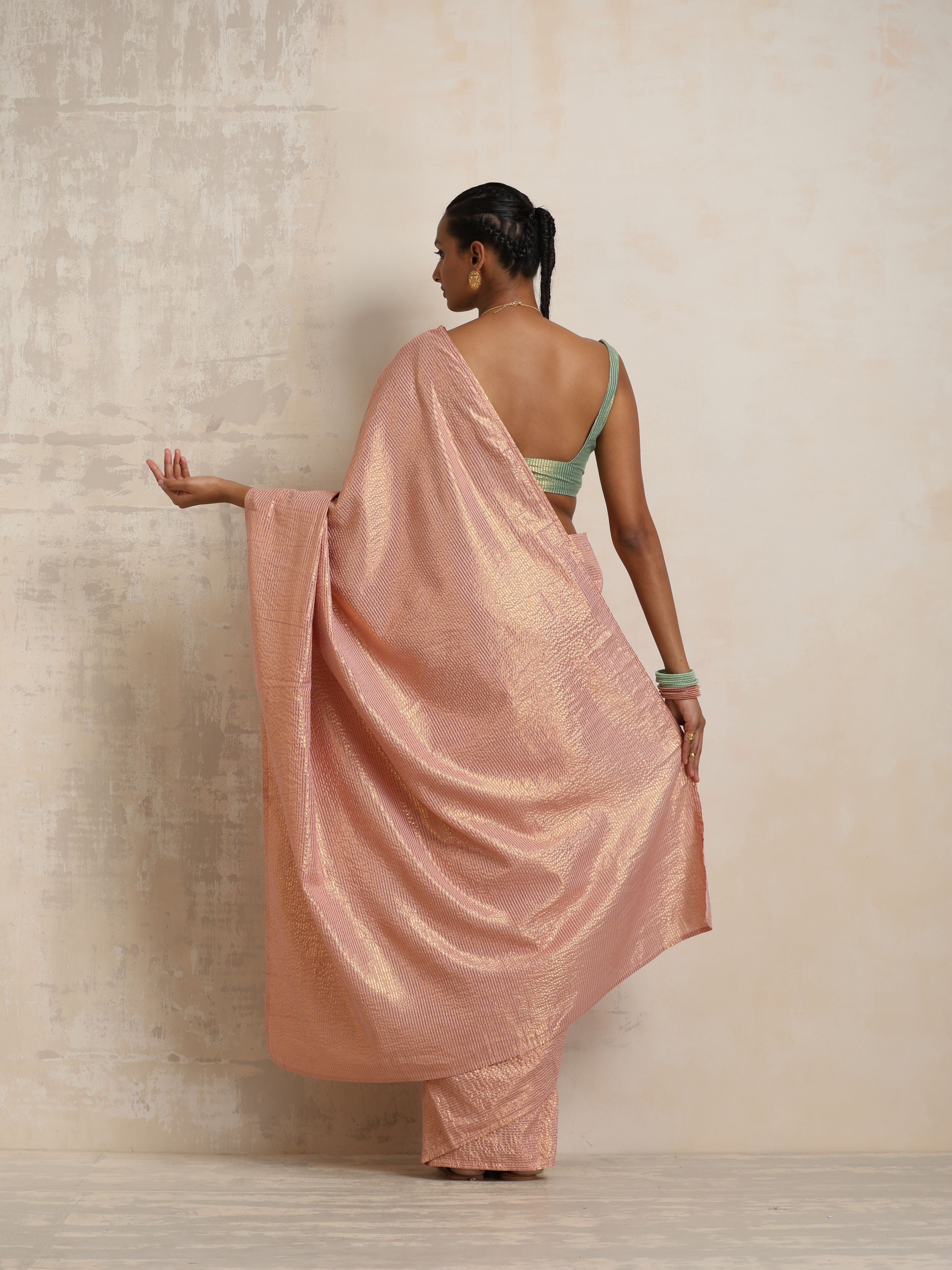 trueBrowns Pink Gold Lurex Ready To Wear Saree