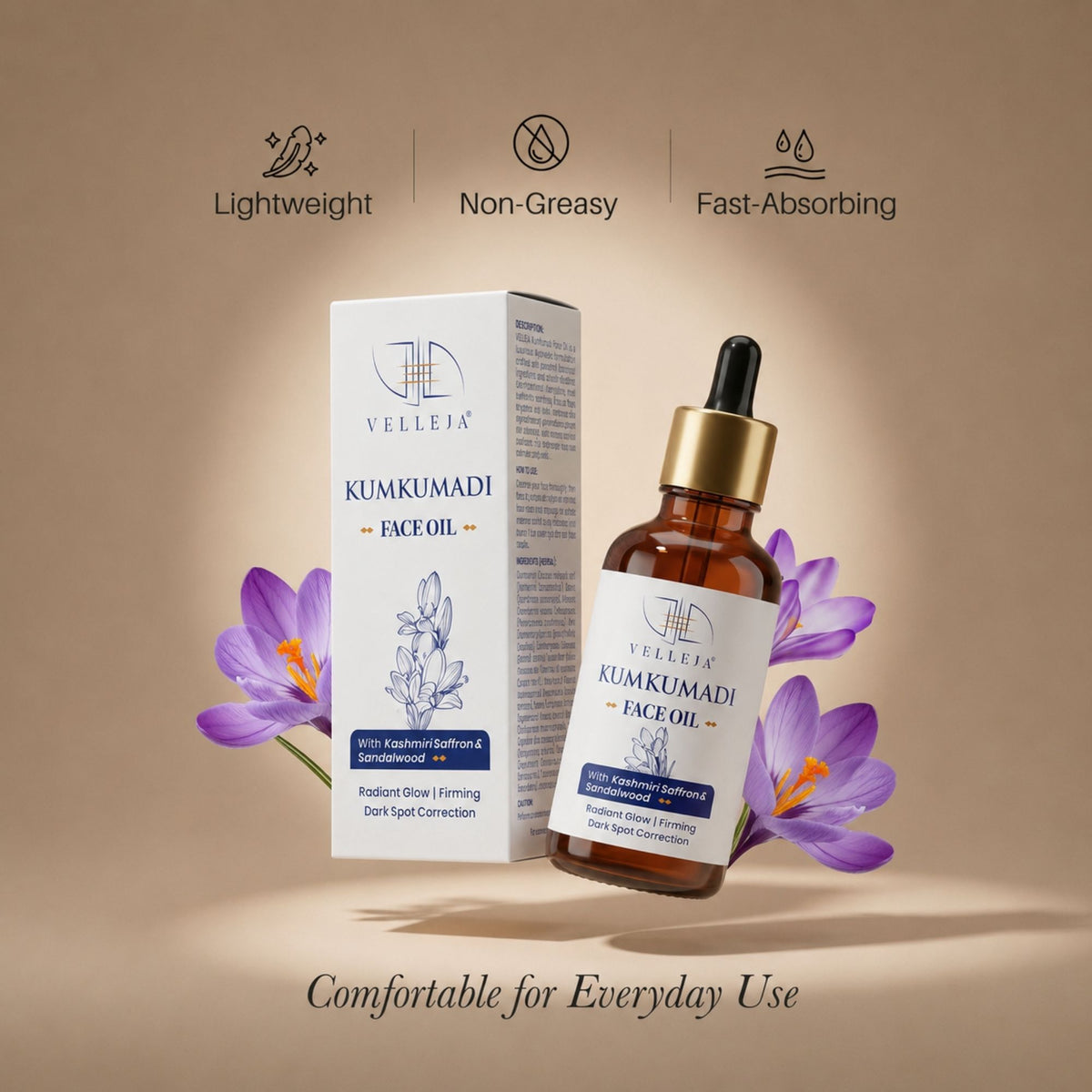 Velleja Kumkumadi Face Oil with Kashmiri Saffron & Sandalwood | Ayurvedic Anti Aging Face Serum for Brightening, Dark Spots & Pigmentation - Dista