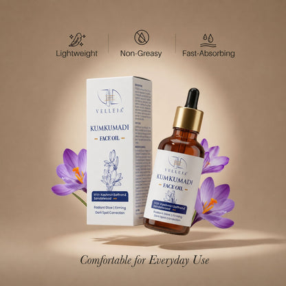 Velleja Kumkumadi Face Oil with Kashmiri Saffron & Sandalwood | Ayurvedic Anti Aging Face Serum for Brightening, Dark Spots & Pigmentation - Dista