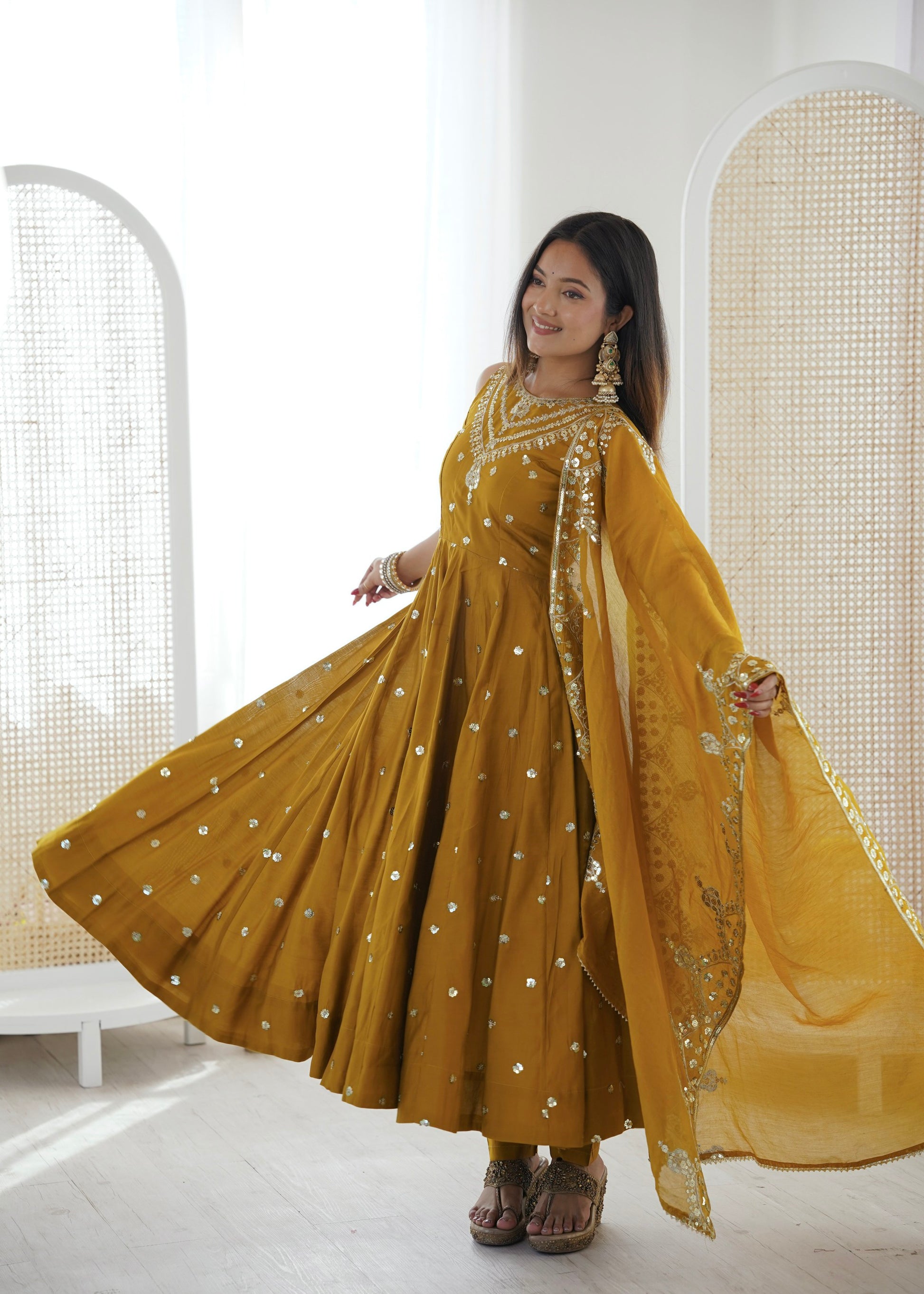Anaita Mustard Silk Readymade Anarkali Suit with Embroidery & Sequence Work - Dista