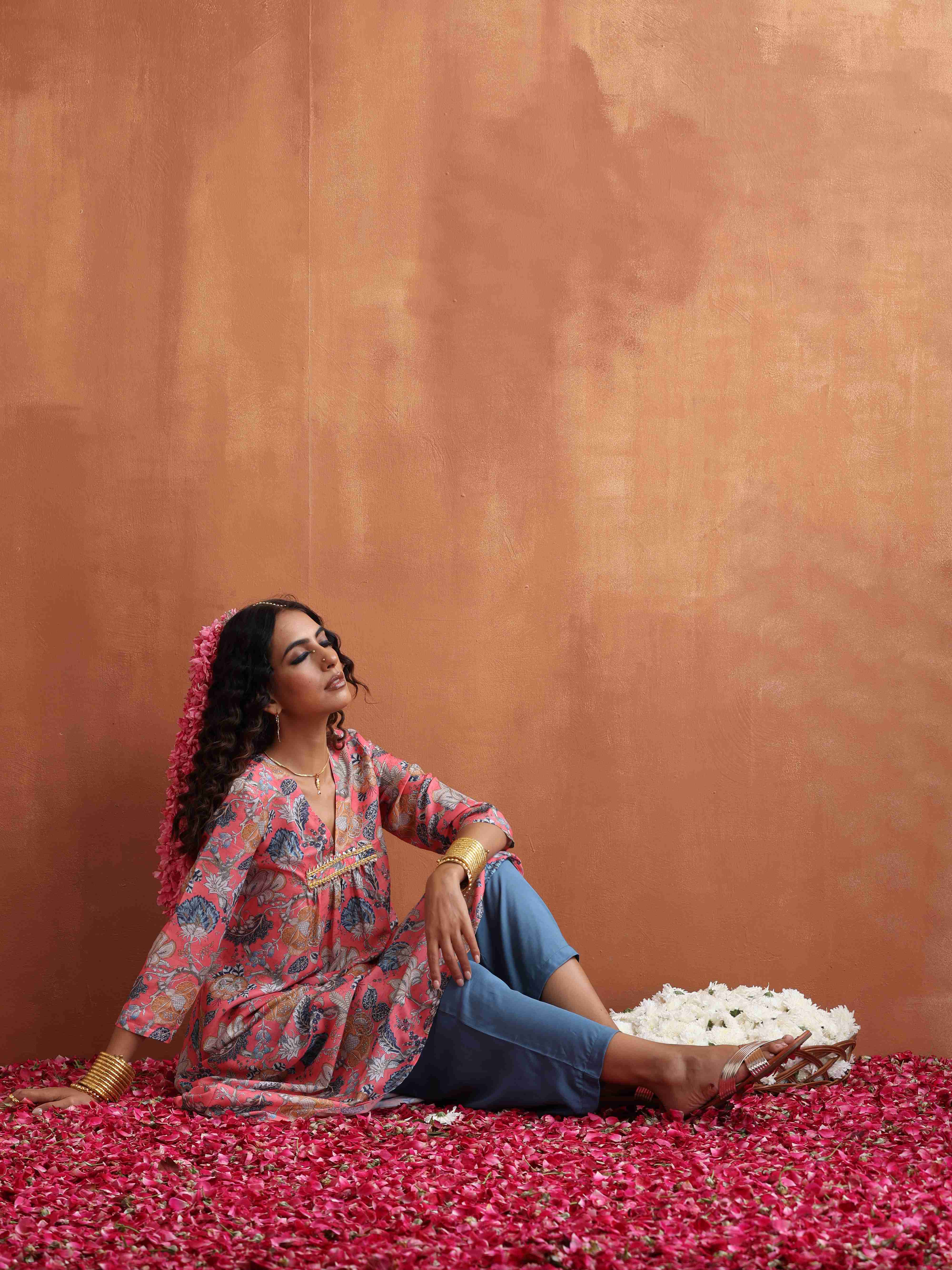 trueBrowns Orange Print A-line Kurta Set - Distacart