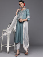 Thumbnail for Varanga Women Blue & Silver Sequinned Yoke Design Kurta With Trousers & Dupatta - Distacart