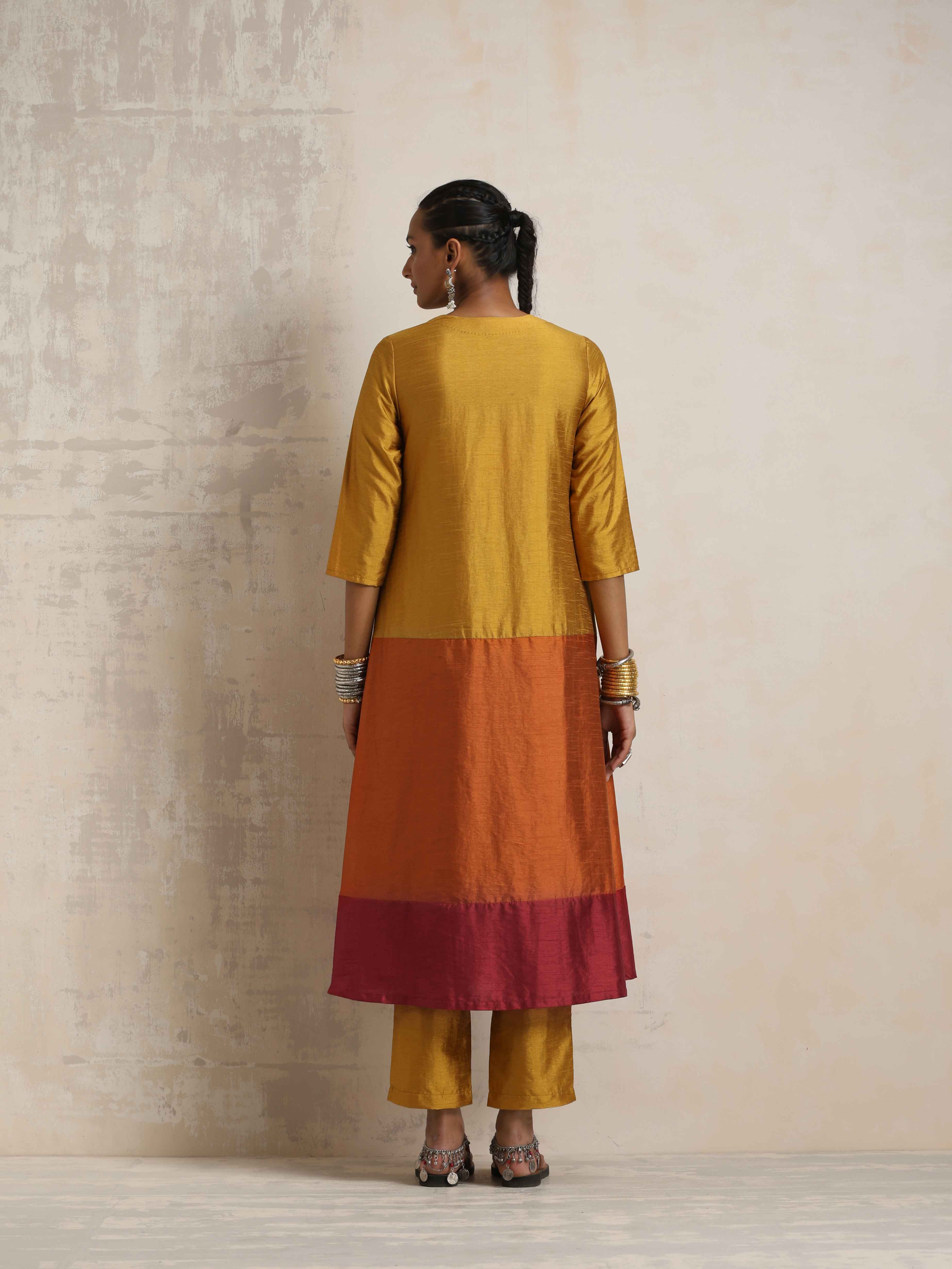 trueBrowns Gold Orange Silk A-line Kurta Set - Distacart