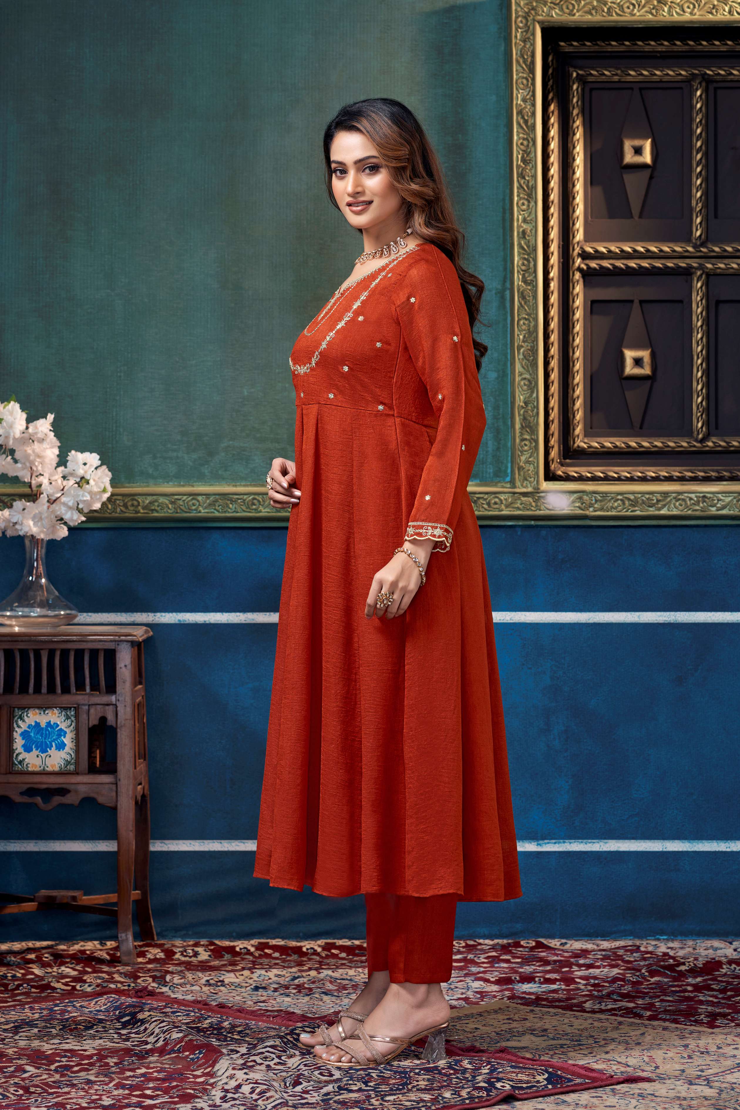 Anaita Rust Anarkali Readymade Suit with Embroidery Work - Dista