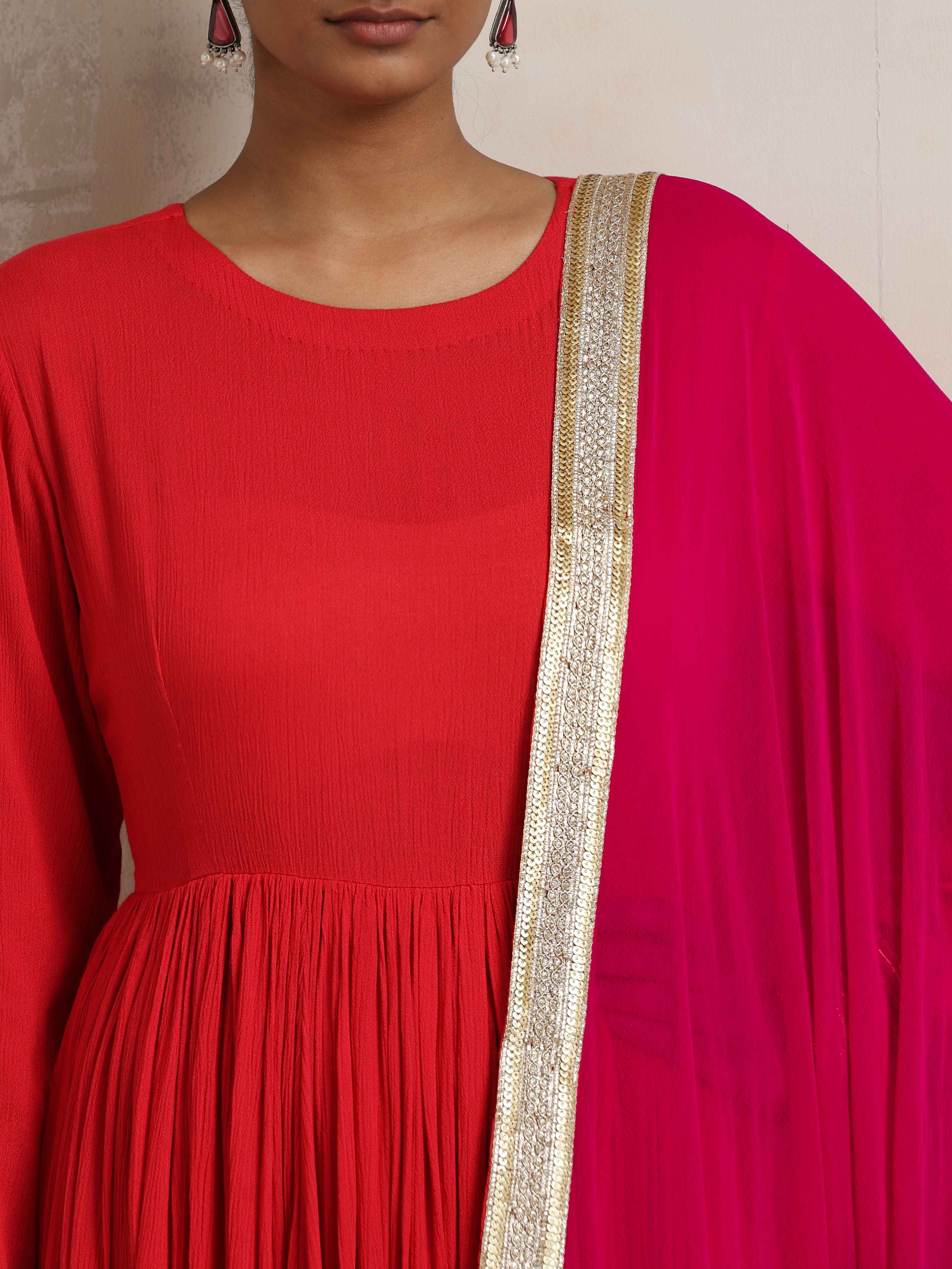 trueBrowns Red Crinkle Anarkali Kurta Pant Dupatta Set - Distacart
