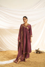 Thumbnail for BulBul Women Wine Embroidered Premium Silk Angrakha Pattern Flare Suit With Dupatta