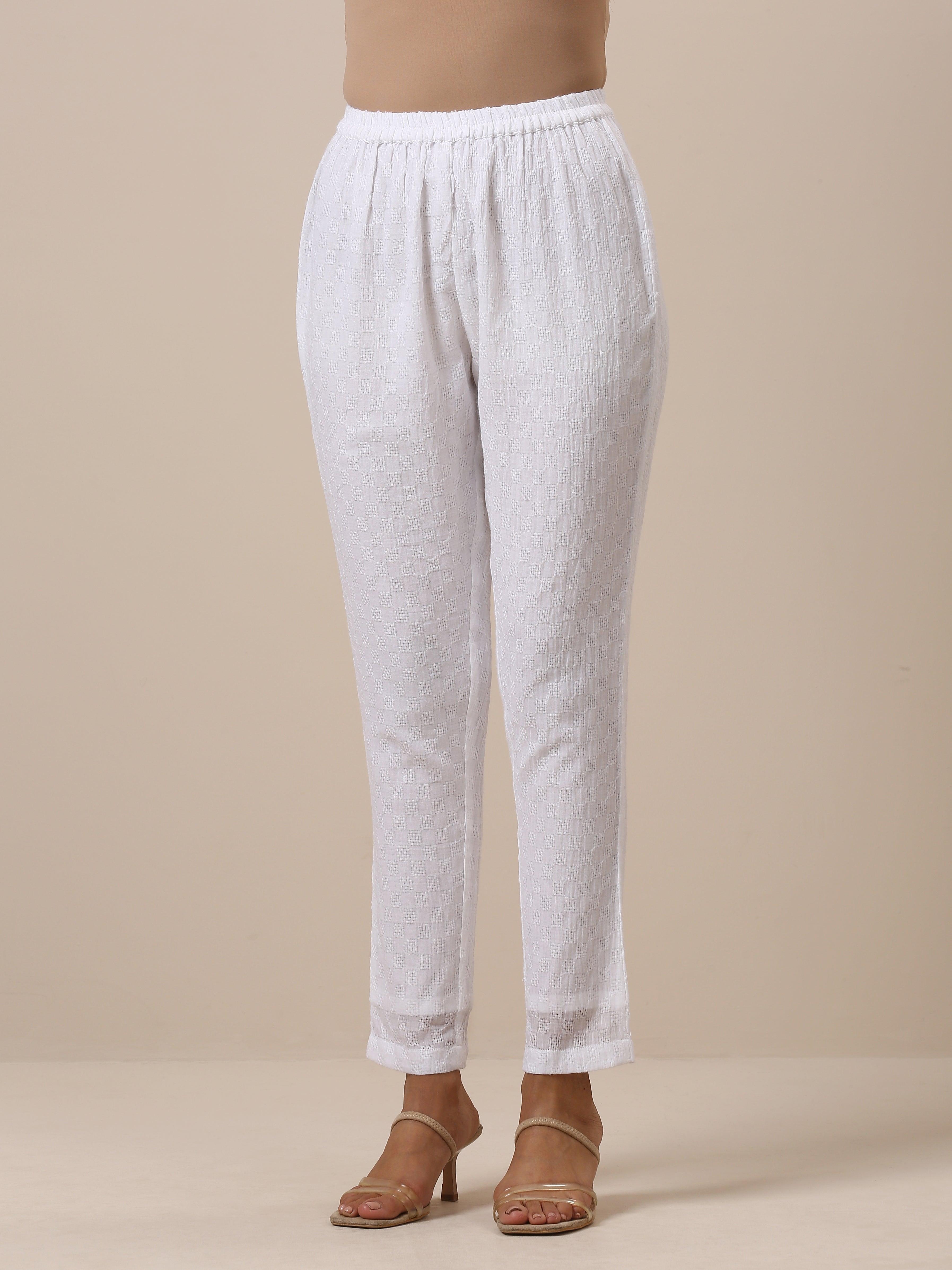 trueBrowns Cotton White Weave Collar Kurta Pant Set | Relove