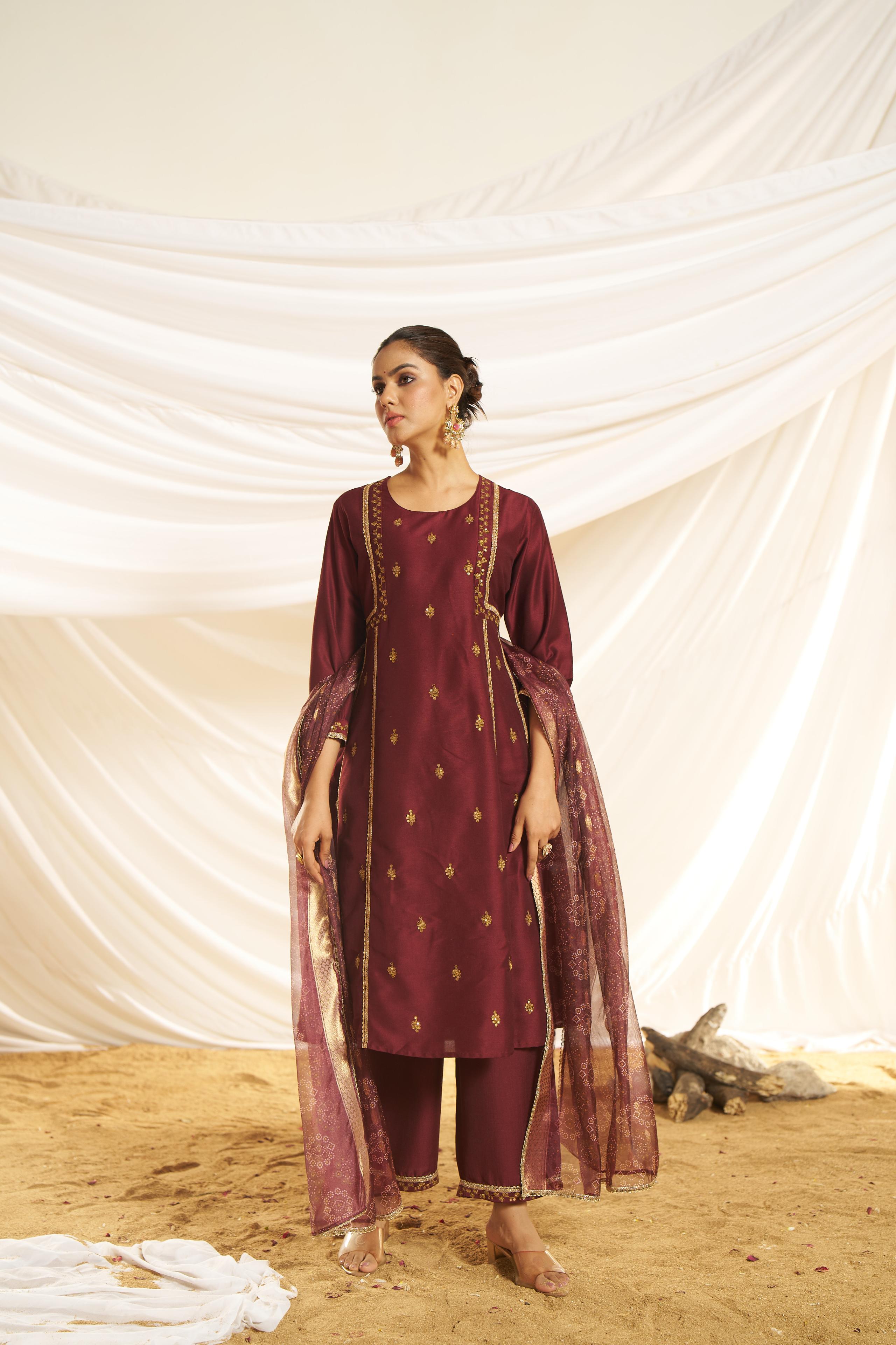 BulBul Women Maroon Embellished Premium Silk Ethenic A-Line Kali Suit With Dupatta